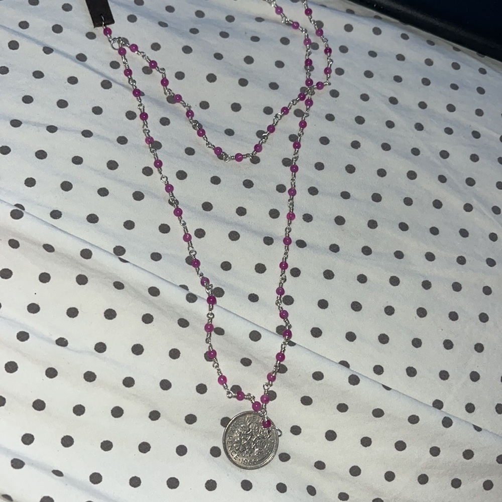 Purple bead double wrap coin necklace